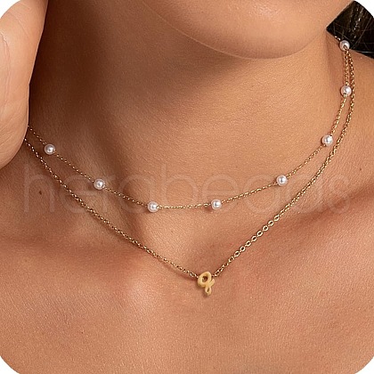 2Pcs 304 Stainless Steel & White Plastic Imitation Pearl Letter Pendant Double Layer Necklaces FS-WG86091-17-1