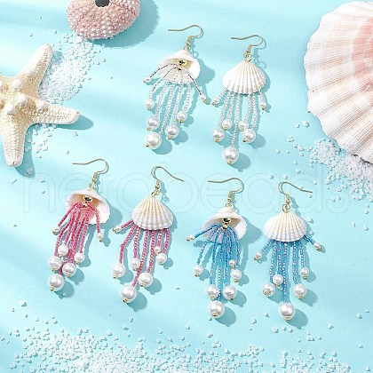 3Pairs Glass & Natural Shell & Non-magnetic Synthetic Hematite Dangle Earrings EJEW-MZ00383-1