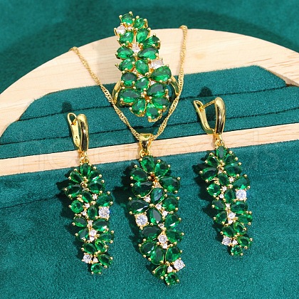 Leaf Brass with Cubic Zirconia Pendant Necklace & Hoop Earring & Ring FS-WGD46EA-09-1