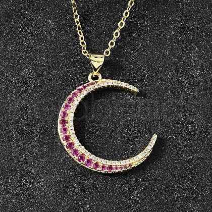Brass Micro Pave Hot Pink Cubic Zirconia Moon Pendant Necklaces for Women NJEW-D311-02E-G-1
