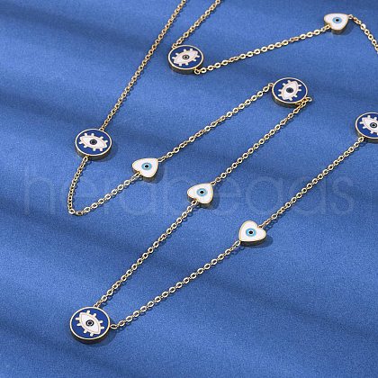 304 Stainless Steel Blue & White Enamel Evil Eye Link Chain Long Necklaces NJEW-V001-02G-1