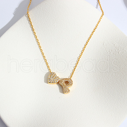 Heart Initial Brass Micro Pave Clear Cubic Zirconia Pendant Necklaces FS-WG89C2E-16-1