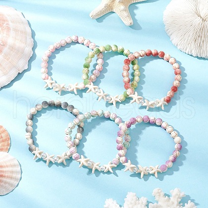 Starfish Baking Paint Synthetic Turquoise Beaded Stretch Bracelets for Women BJEW-JB11767-1