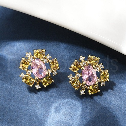 Flower Brass Micro Pave Cubic Zirconia Stud Earrings EJEW-M082-20G-1