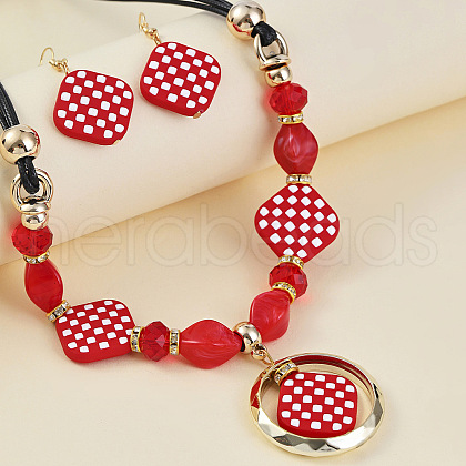 Rhombus with Tartan Pattern Acrylic Pendant Necklaces & Dangle Earrings Sets FS-WG95887-01-1
