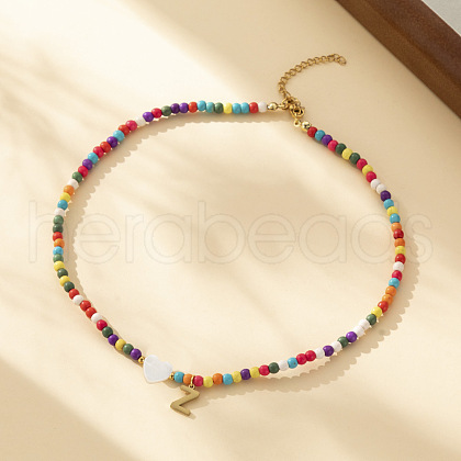 Heart Natural Shell & Colorful Glass Seed Round Beaded Necklaces FS-WGE10D5-25-1