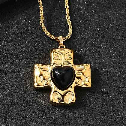 Cross with Heart 304 Stainless Steel Cubic Zirconia Pendant Necklaces NJEW-H070-01G-02-1