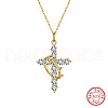 925 Sterling Silver Pave 5A Clear Cubic Zirconia Crown Cross Pendant Necklaces for Women NJEW-C087-03G-2