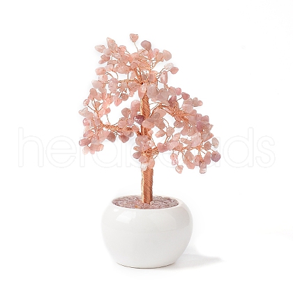 Mother's Day Natural Rose Quartz Chips with Brass Wrapped Wire Money Tree on Ceramic Vase Display Decorations DJEW-B007-02E-1