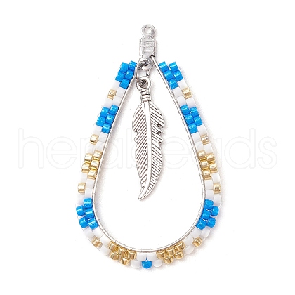 Bohemia Style Glass Seed Beaded Teardrop with Feather Pendants PALLOY-MZ00589-01-1