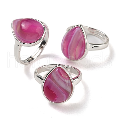 Natural Banded Agate Teardrop Adjustable Rings RJEW-K371-08S-11-1