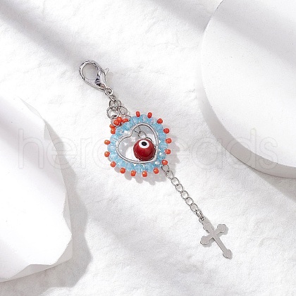 Handmade Evil Eye Lampwork & Glass Seed Beaded Heart Pendant Decorations HJEW-MZ00211-03-1
