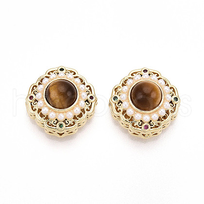 Brass Colorful Cubic Zirconia & Natural Tiger Eye Rhombus Beads KK-N258-13G-1
