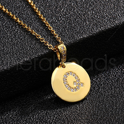 Brass Micro Pave Clear Cubic Zirconia Flat Round with Letter Pendant Necklaces FS-WG00655-17-1