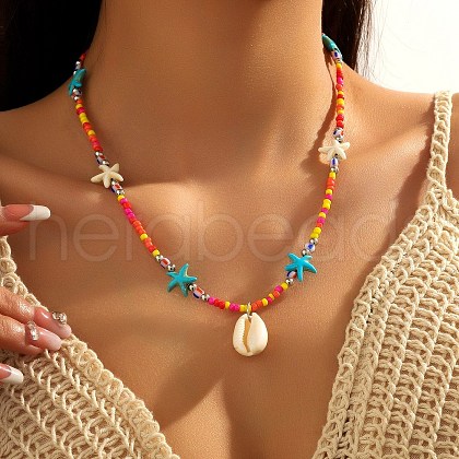Summer Beach Natural Shell Pendant Glass Seed Beaded Necklaces for Women FS-WGEF253-03-1