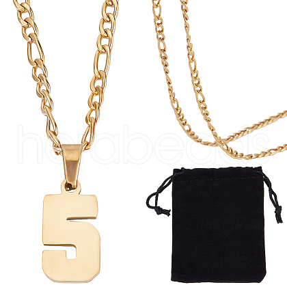 Beebeecraft 1Pc 304 Stainless Steel Figaro Chain Number Pendant Necklaces NJEW-BBC0001-28E-G-1