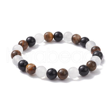 Natural Yellow Tiger Eye & Selenite & Eyeless Obsidian Round Beaded Stretch Bracelets BJEW-JB10114-03-1