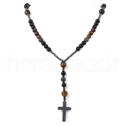 Natural Tiger Eye & Obsidian & Bloodstone Rosary Bead Necklaces NJEW-JN05114-02-1