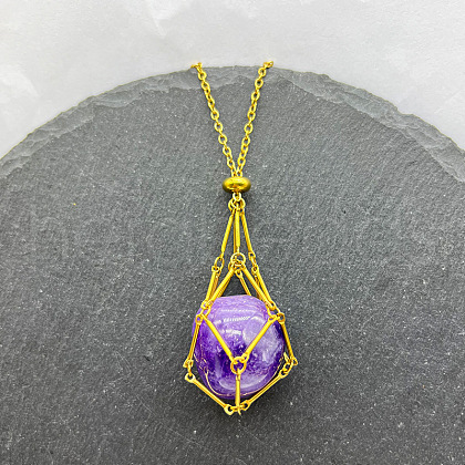 Natural Amethyst Nuggets Macrame Pouch Pendant 201 Stainless Steel Chain Necklaces FS-WG7A779-14-1