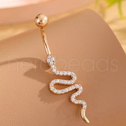 Snake Brass Micro Pave Clear Cubic Zirconia Curved Barbell Belly Rings AJEW-L099-03G-1