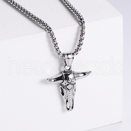Retro Rock Punk Men's Bull Head Stainless Steel Pendant Necklaces QT5841-1-1