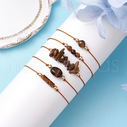 5Pcs 5 Styles Natural Tiger Eye Braided Bead Bracelets BJEW-JB11681-02-1