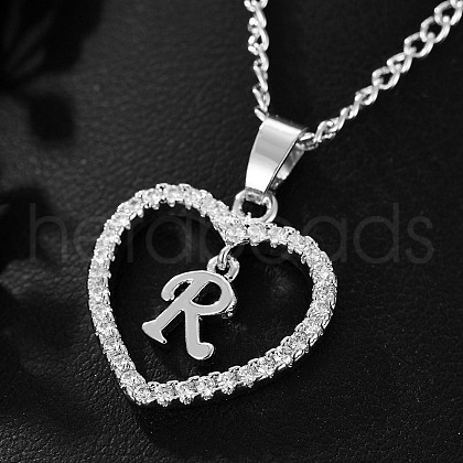 Brass Micro Pave Clear Cubic Zirconia Hollow Heart with Initial Pendant Necklaces WG4069A-23-1