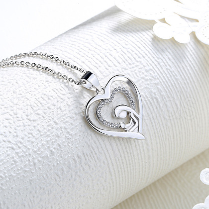 Mother's Day Brass Micro Pave Clear Cubic Zirconia Mother and Baby Heart Pendant Necklaces for Women NJEW-C085-01C-P-1