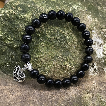 Natural Black Agate Round Beaded Stretch Bracelets DM7312-6-1