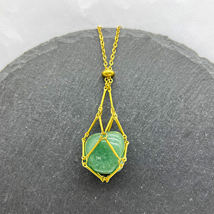 Natural Green Aventurine Nuggets Macrame Pouch Pendant 201 Stainless Steel Chain Necklaces FS-WG7A779-13-1