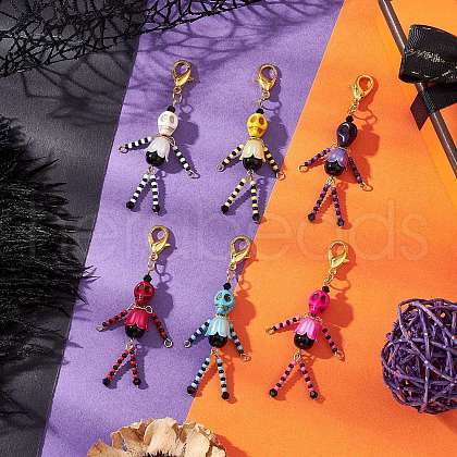 Skull Synthetic Turquoise & Glass Seed Bead Pendants Decorations HJEW-MZ00276-1