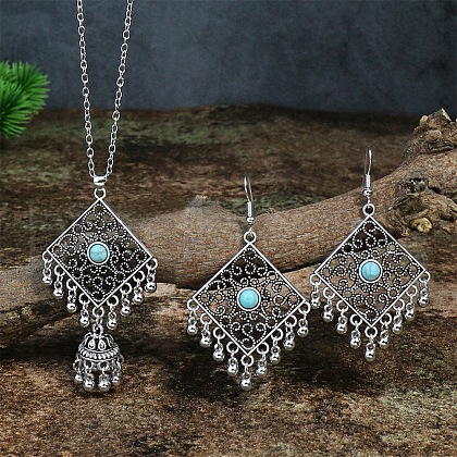 Bohemian Style Alloy & Synthetic Turquoise Pendant Bell Tassel Necklaces & Dangle Earring FS-WGA0D62-03-1