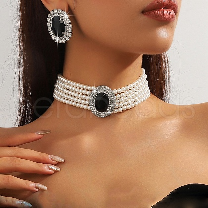 Oval Brass & Glass & Plastic Pearl Beaded Chain Collar & Stud Earrings Sets FS-WG5CD09-09-1