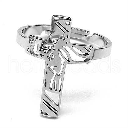 Non-Tarnish 304 Stainless Steel Adjustable Finger Rings. Hollow Cross RJEW-C074-04P-1