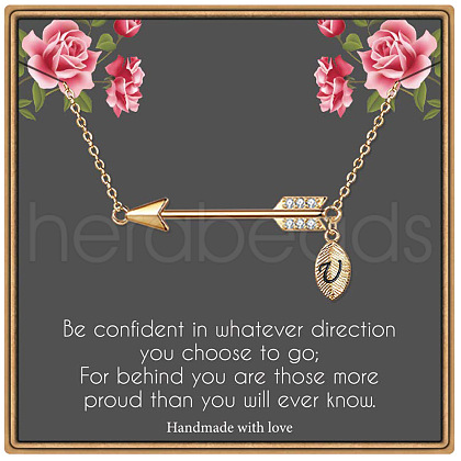 Brass Micro Pave Clear Cubic Zirconia Arrow with Letter Pendant Necklaces FS-WG43978-21-1