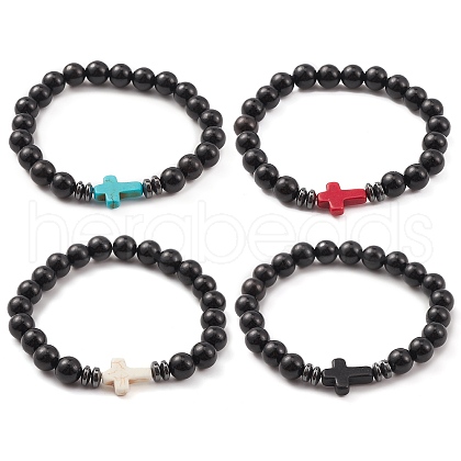 Natural Wood & Synthetic Turquoise & Hematite Corss Beaded Stretch Bracelet BJEW-JB09622-1