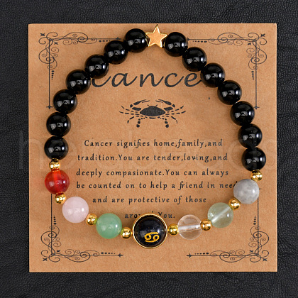 12 Zodiac Sign Natural Black Obsidian Round Beads Stretch Bracelets for Men Women WG228FC-02-1