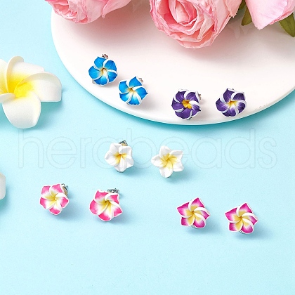 Handmade Polymer Clay Plumeria Stud Earrings EJEW-JE06438-1