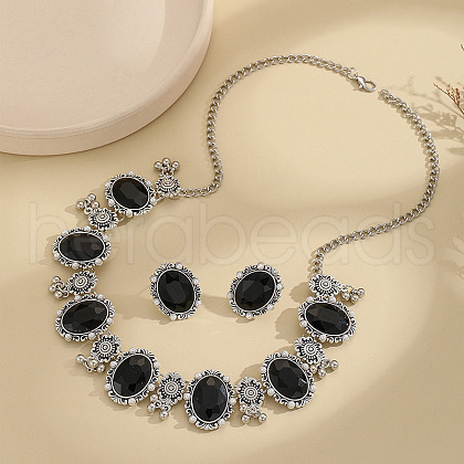 Oval Alloy Glass Pendant Necklaces & Stud Earrings Sets FS-WGB4838-05-1