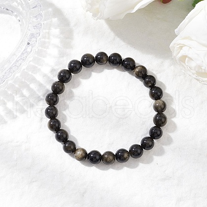 Natural Golden Sheen Obsidian Round Beaded Stretch Bracelets for Men Women BJEW-JB11783-01-1