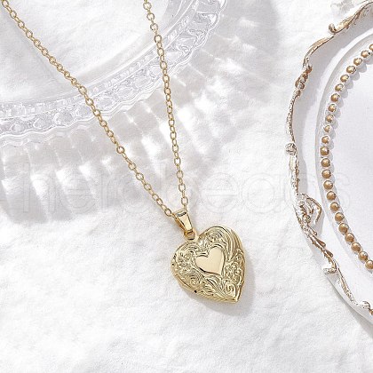 Brass Flower Heart Locket Pendant Cable Chain Necklaces for Women NJEW-JN05235-1