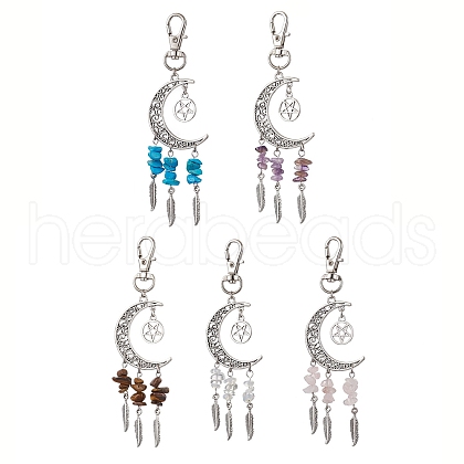 Tibetan Style Alloy Moon with Feather Pendant Decorations HJEW-JM02322-1