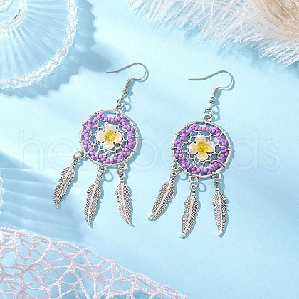 Flat Round with Feather Handmade Glass Seed Beads Chandelier Earrings EJEW-MZ00473-01-1
