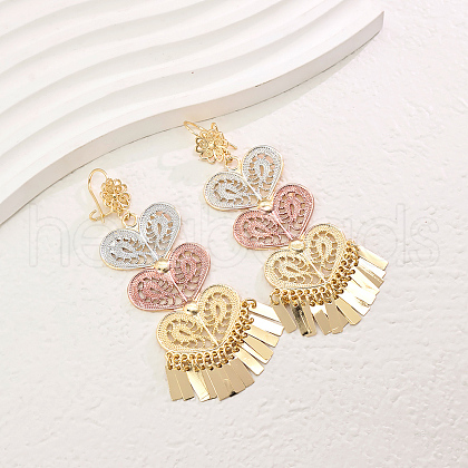 Elegant Brass Heart Tassel Chandelier Earrings UO4624-2-1
