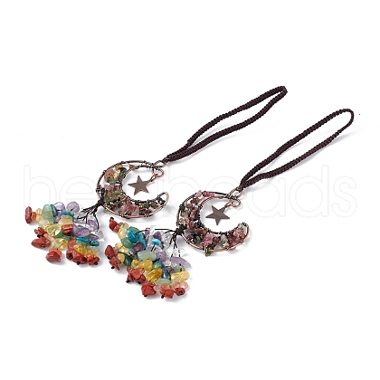 Natural Tourmaline Moon with Mixed Gemstone Chips Tassel Pendant Decorations G-L524-07R-A07-1