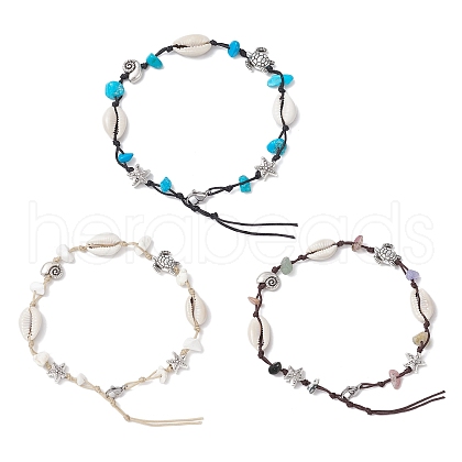 3Pcs 3 Styles Beach Starfish Turtle Synthetic Magnesite & Turquoise & Natural Cowrie Shell Beaded Anklets AJEW-AN00687-1