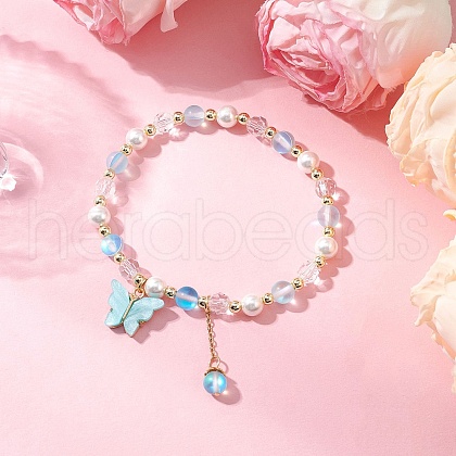 Frosted Dyed Synthetic Moonstone & Shell Pearl Round Beads Stretch Bracelets BJEW-JB11822-02-1