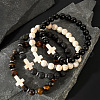 4Pcs Cross Natural Tiger Eye & Howlite & Lava Rock & Black Obsidian Round Beads Stretch Bracelets for Men CT3754-1