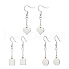 3 Pair 3 Style Heart & Flat Round & Square 304 Stainless Steel Dangle Earrings EJEW-JE05165-1