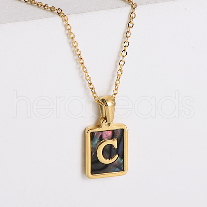 304 Stainless Steel Pave Natural Paua Shell Rectangle Initial Pendant Necklaces for Women FS-WG38E89-03-1